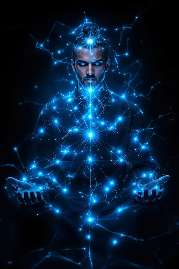 神医下山短剧封面：周身环绕蓝色能量光线的神医
